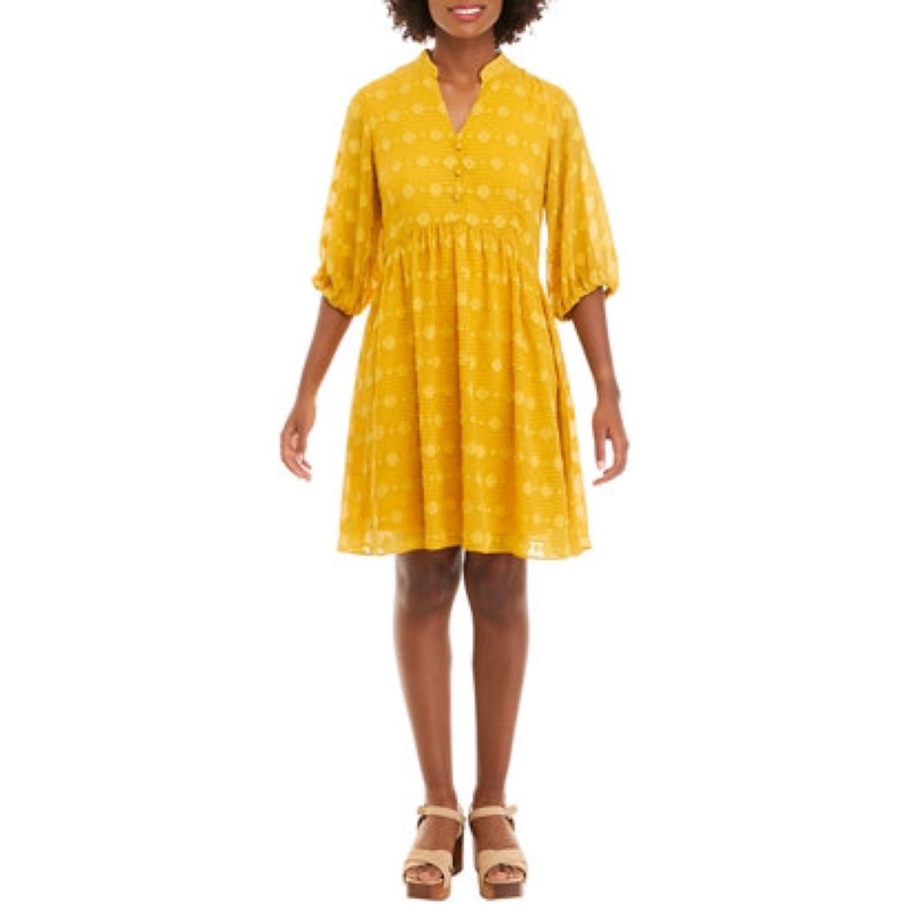 NWT Sandra Darren Split Neck Blouson Sleeve Mustard Yellow Boho Babydoll Dress